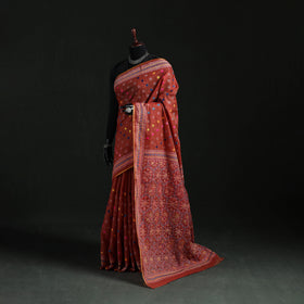 Red - Bengal Kantha Hand Embroidery Silk Cotton Chapa Work Saree 34