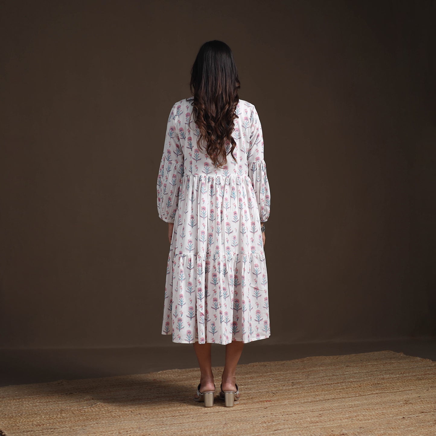 Sanganeri Floral Hand Block Print Cotton Tiered Long Dress for Women 05