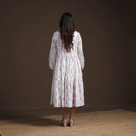 Sanganeri Floral Hand Block Print Cotton Tiered Long Dress for Women 05