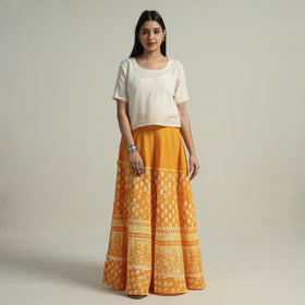 Yellow Hand Batik Printed Running Stitch Cotton Long Skirt 