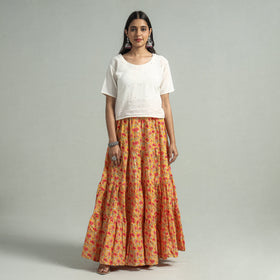 Yellow Sanganeri Block Printed Tiered Cotton Long Skirt