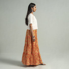 Yellow Sanganeri Block Printed Tiered Cotton Long Skirt