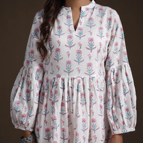 Sanganeri Floral Hand Block Print Cotton Tiered Long Dress for Women 05