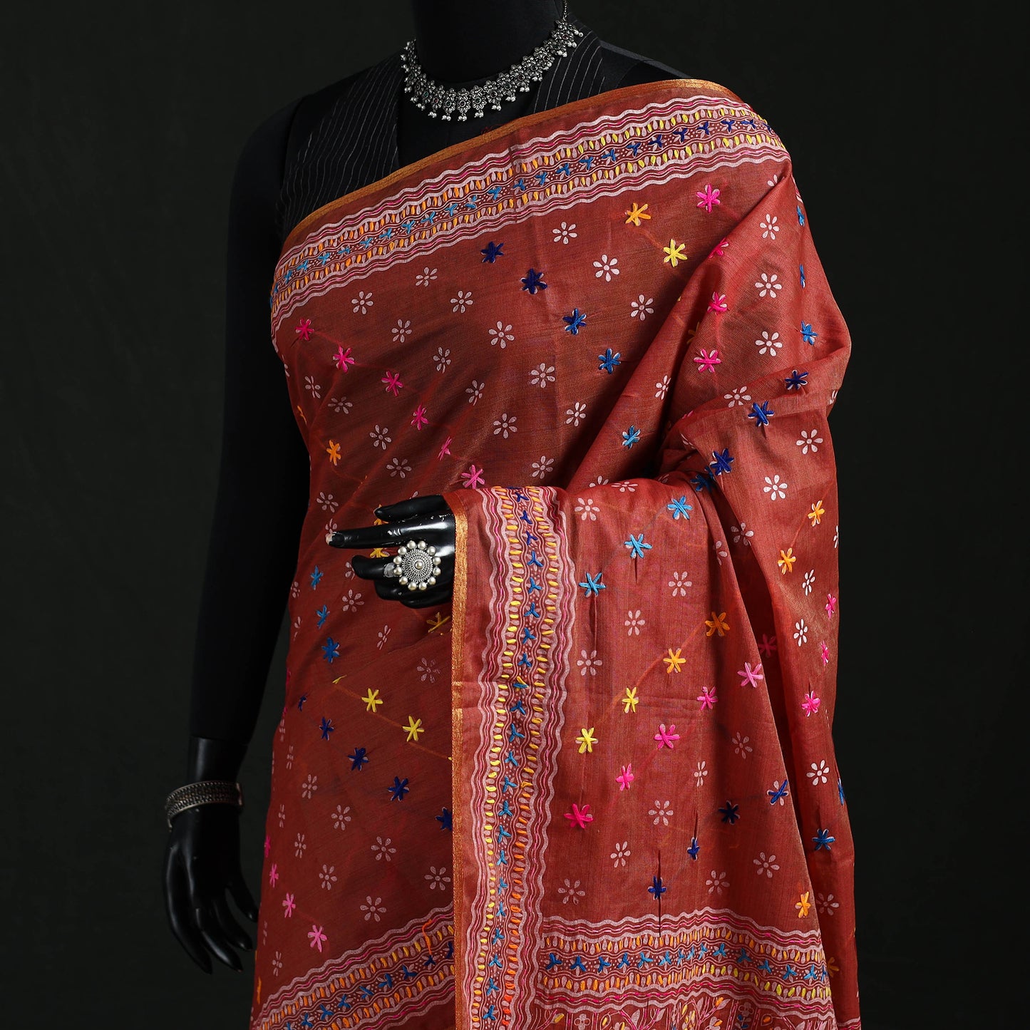 Red - Bengal Kantha Hand Embroidery Silk Cotton Chapa Work Saree 34