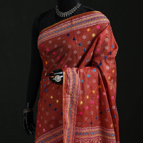 Red - Bengal Kantha Hand Embroidery Silk Cotton Chapa Work Saree 34
