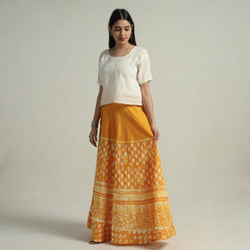 Yellow Hand Batik Printed Running Stitch Cotton Long Skirt 