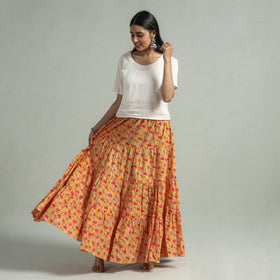 Yellow Sanganeri Block Printed Tiered Cotton Long Skirt