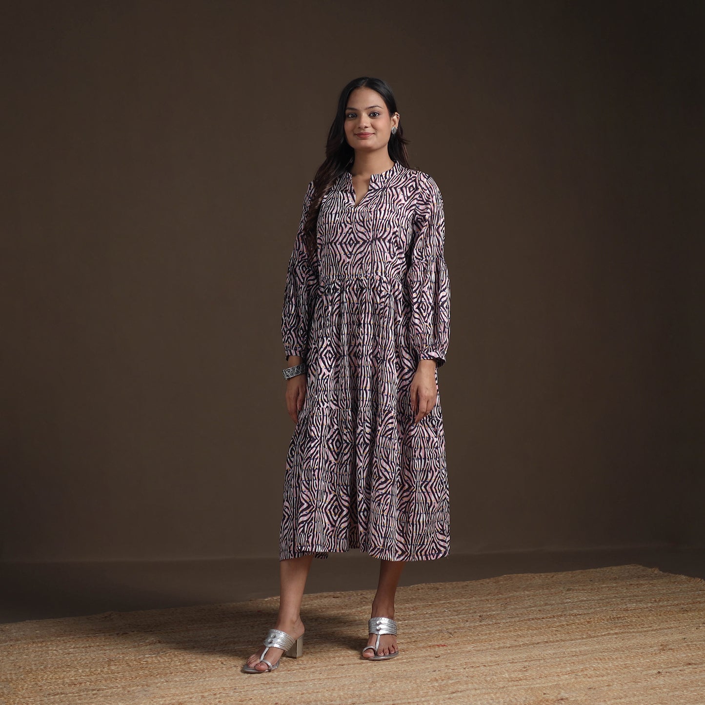 Sanganeri Floral Hand Block Print Cotton Tiered Long Dress for Women 03