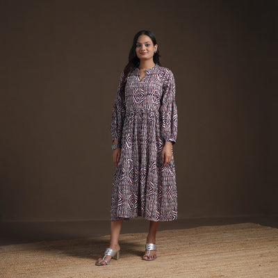 Sanganeri Floral Hand Block Print Cotton Tiered Long Dress for Women 03