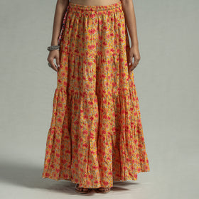 Yellow Sanganeri Block Printed Tiered Cotton Long Skirt