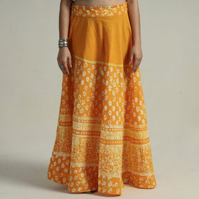 Yellow Hand Batik Printed Running Stitch Cotton Long Skirt 