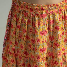 Yellow Sanganeri Block Printed Tiered Cotton Long Skirt