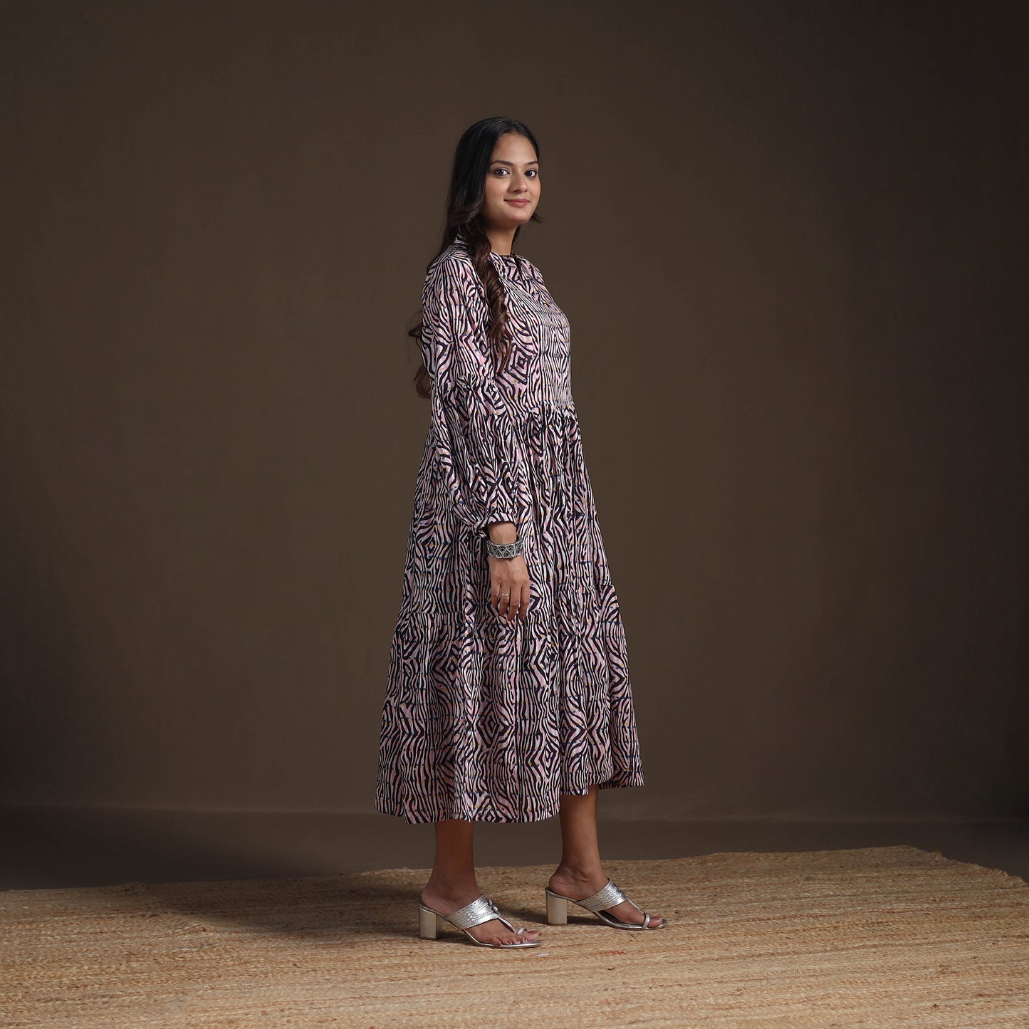 Sanganeri Floral Hand Block Print Cotton Tiered Long Dress for Women 03