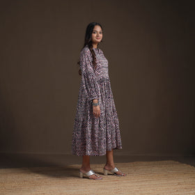 Sanganeri Floral Hand Block Print Cotton Tiered Long Dress for Women 03