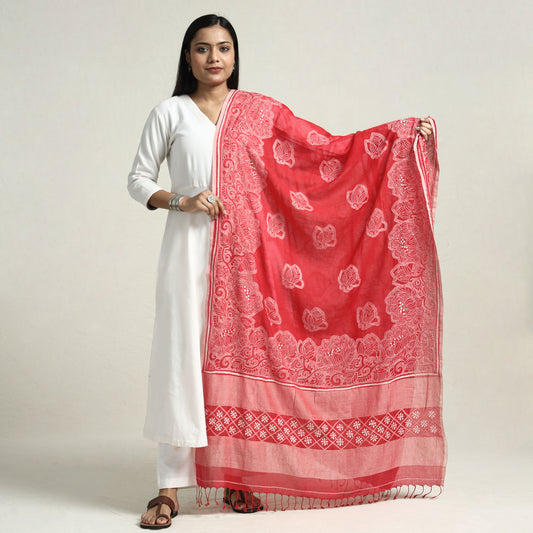 Red - Bolpur Kantha Embroidery Cotton Handloom Dupatta with Tassels