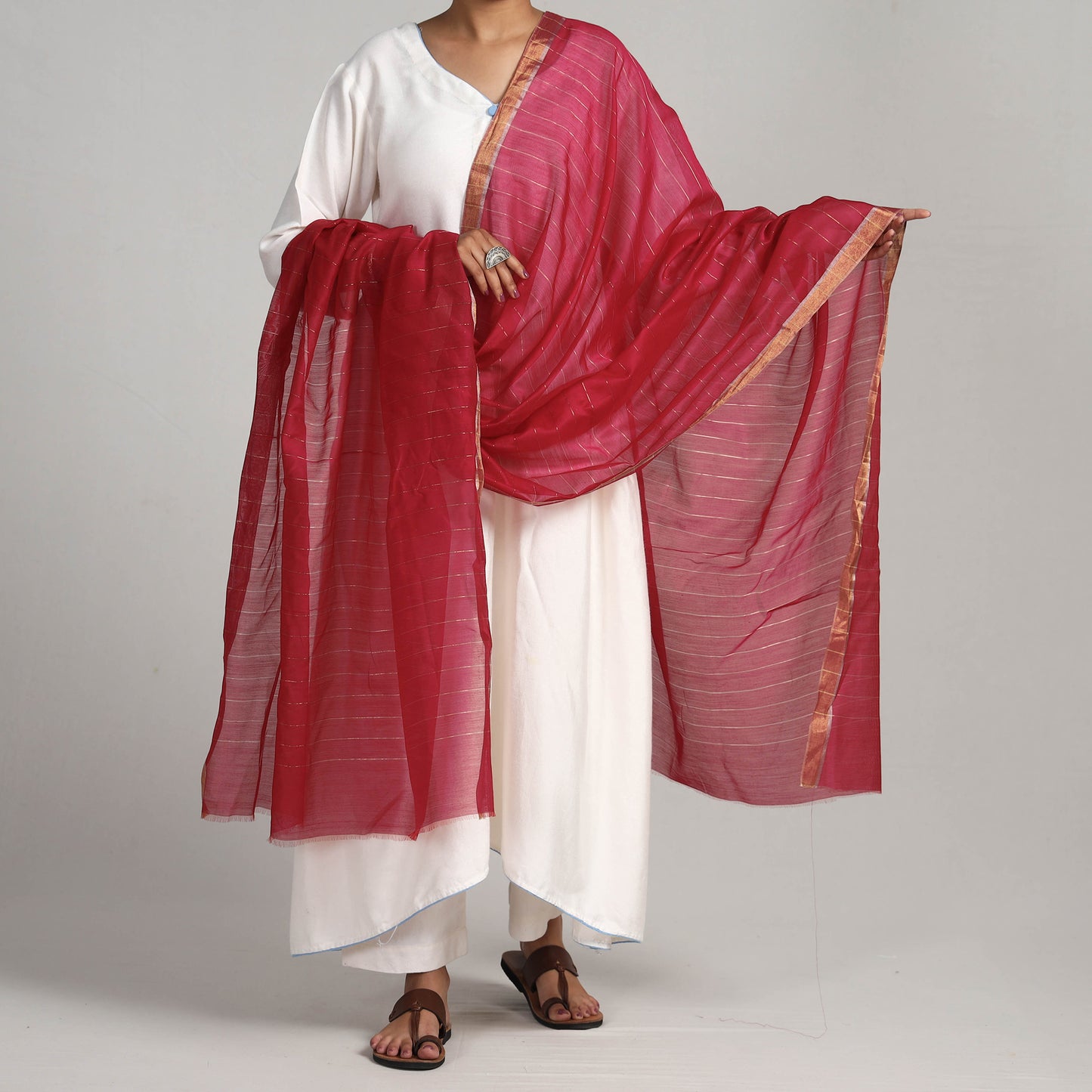 Pink - Traditional Chanderi Silk Handloom Zari Work Dupatta