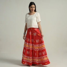 Red Hand Batik Printed Running Stitch Cotton Long Skirt 