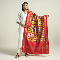 Brown - Handwoven Pochampally Ikat Pure Mulberry Silk Dupatta with Tassels