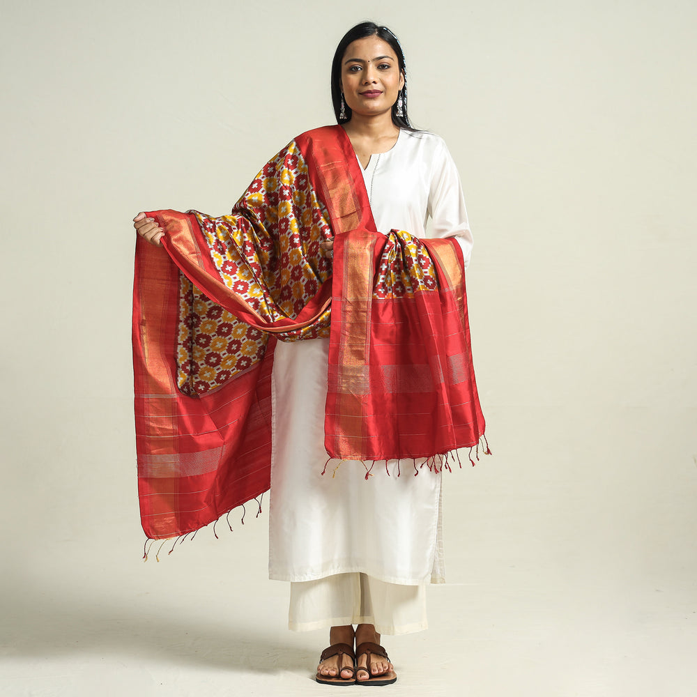 Brown - Handwoven Pochampally Ikat Pure Mulberry Silk Dupatta with Tassels