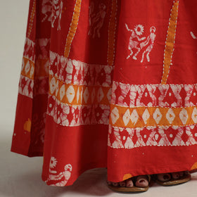 Red Hand Batik Printed Running Stitch Cotton Long Skirt 