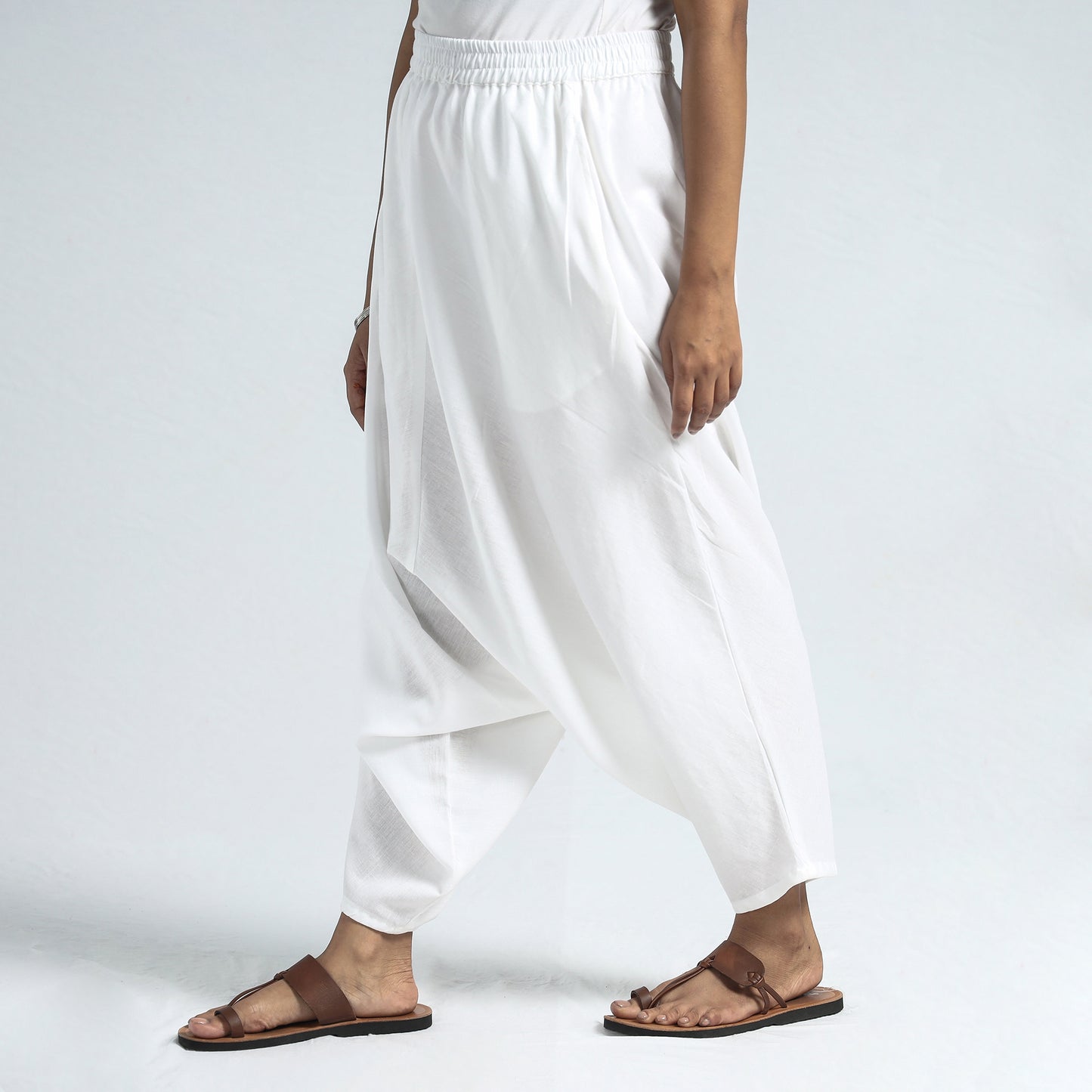 White - Plain Flex Cotton Elasticated Harem Pant