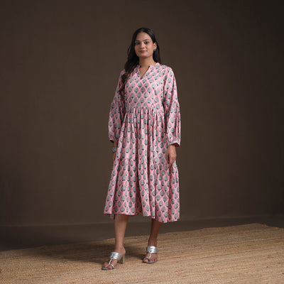 Sanganeri Floral Hand Block Print Cotton Tiered Long Dress for Women 04