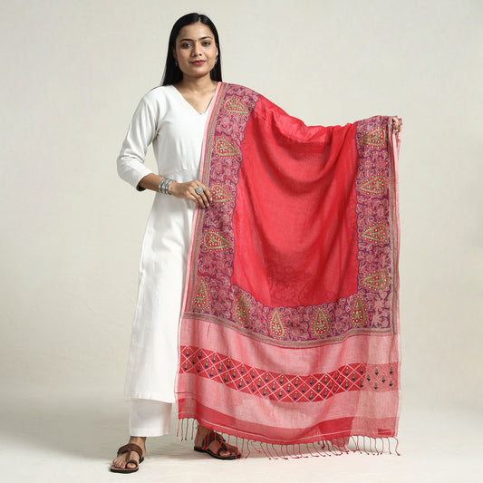 Red - Bolpur Kantha Embroidery Cotton Handloom Dupatta with Tassels