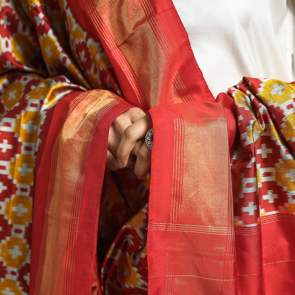 Brown - Handwoven Pochampally Ikat Pure Mulberry Silk Dupatta with Tassels