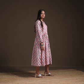 Sanganeri Floral Hand Block Print Cotton Tiered Long Dress for Women 04