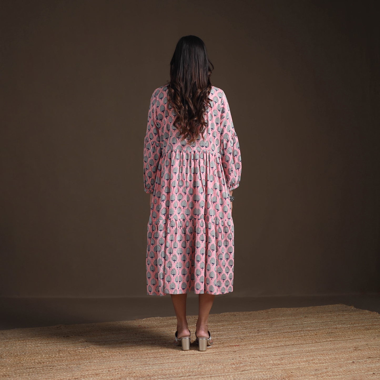 Sanganeri Floral Hand Block Print Cotton Tiered Long Dress for Women 04