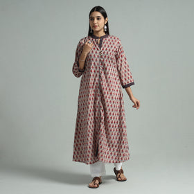 Brown - Sanganeri Block Printed Cotton A-Line Kurta
