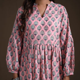 Sanganeri Floral Hand Block Print Cotton Tiered Long Dress for Women 04