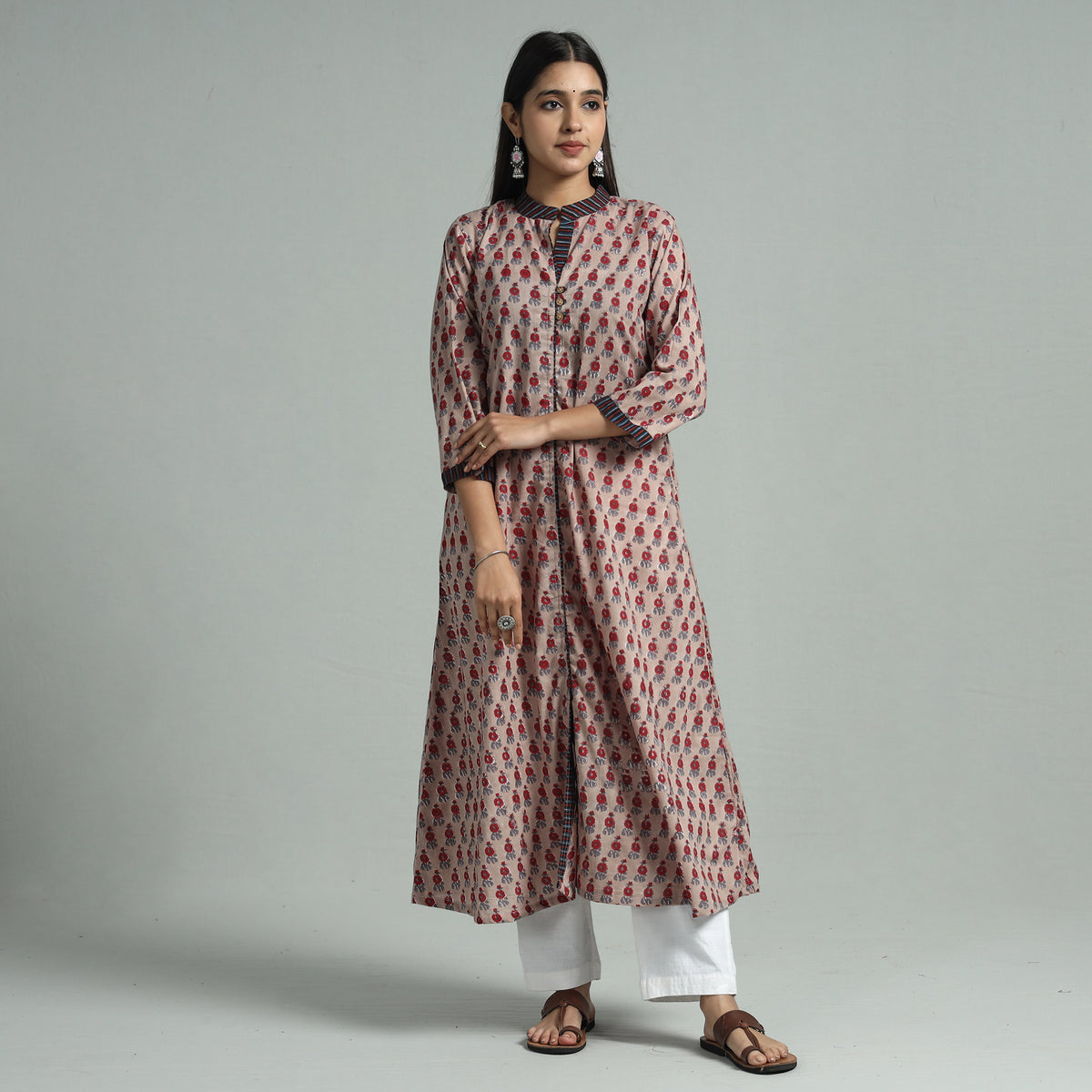 Brown - Sanganeri Block Printed Cotton A-Line Kurta
