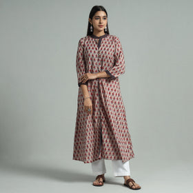 Brown - Sanganeri Block Printed Cotton A-Line Kurta