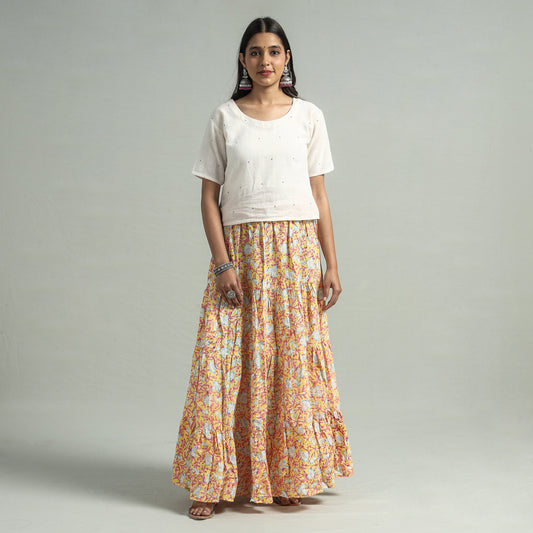 Orange - Sanganeri Block Printed Tiered Cotton Long Skirt