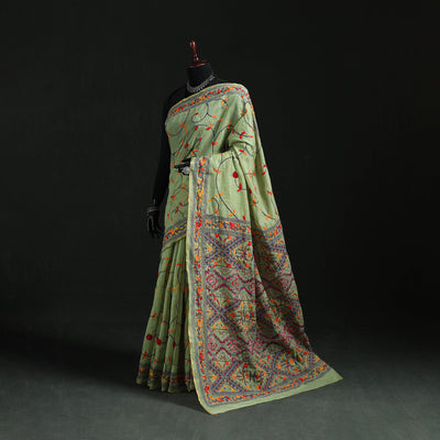 Green - Bengal Kantha Hand Embroidery Silk Cotton Chapa Work Saree 37
