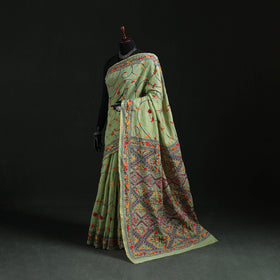 Green - Bengal Kantha Hand Embroidery Silk Cotton Chapa Work Saree 37