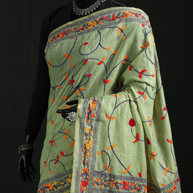 Green - Bengal Kantha Hand Embroidery Silk Cotton Chapa Work Saree 37