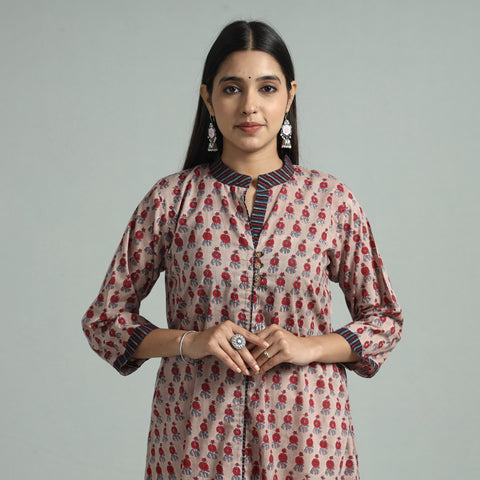 Brown - Sanganeri Block Printed Cotton A-Line Kurta