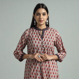 Brown - Sanganeri Block Printed Cotton A-Line Kurta