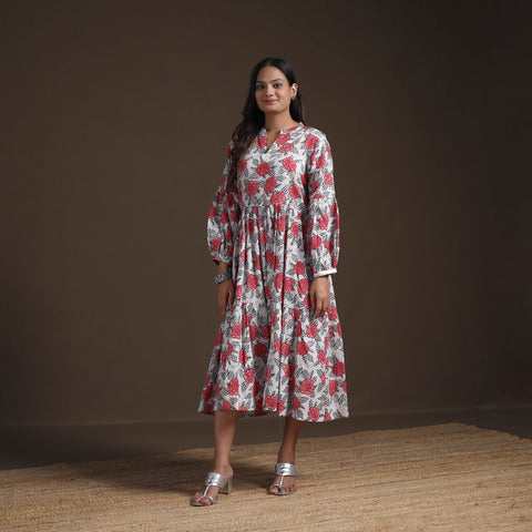 Sanganeri Floral Hand Block Print Cotton Tiered Long Dress for Women 02