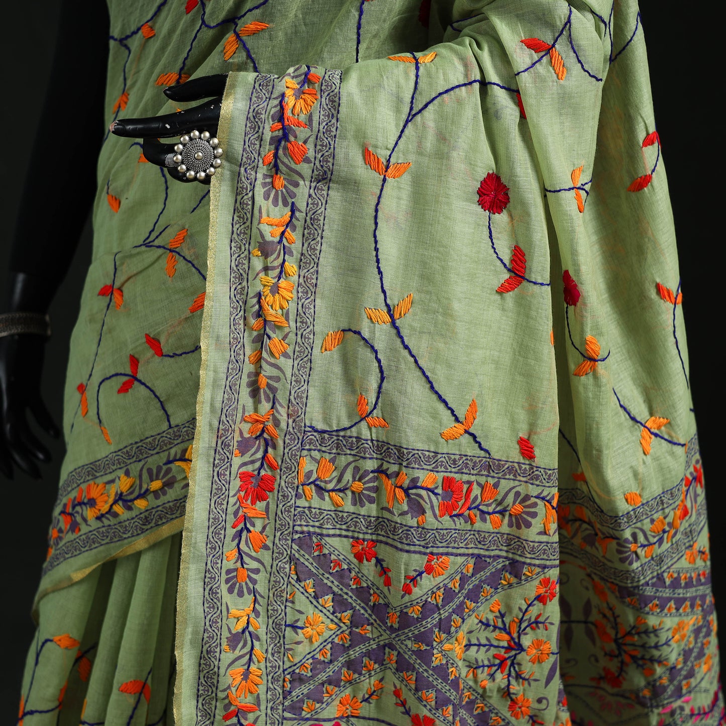 Green - Bengal Kantha Hand Embroidery Silk Cotton Chapa Work Saree 37