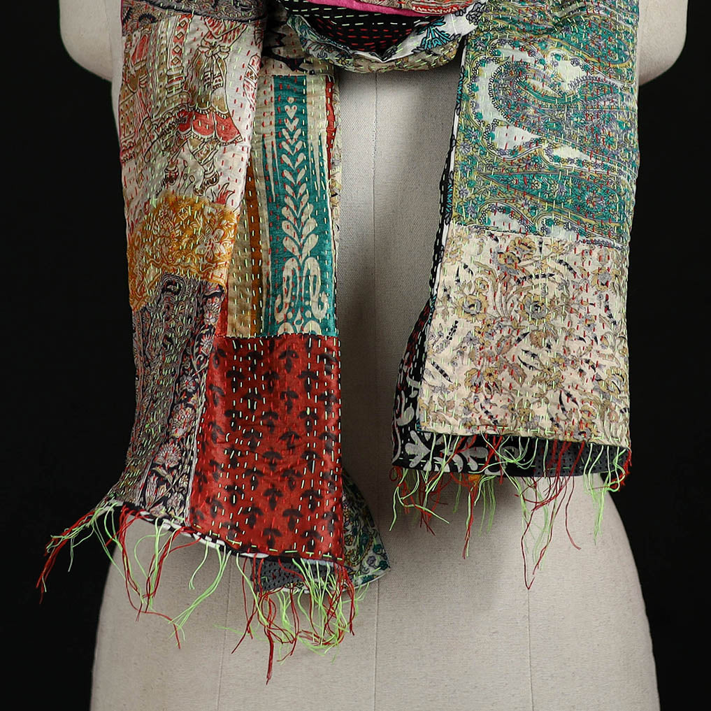 Bengal Kantha Handwork Patchwork Reversible Silk Stole 75