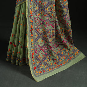 Green - Bengal Kantha Hand Embroidery Silk Cotton Chapa Work Saree 37