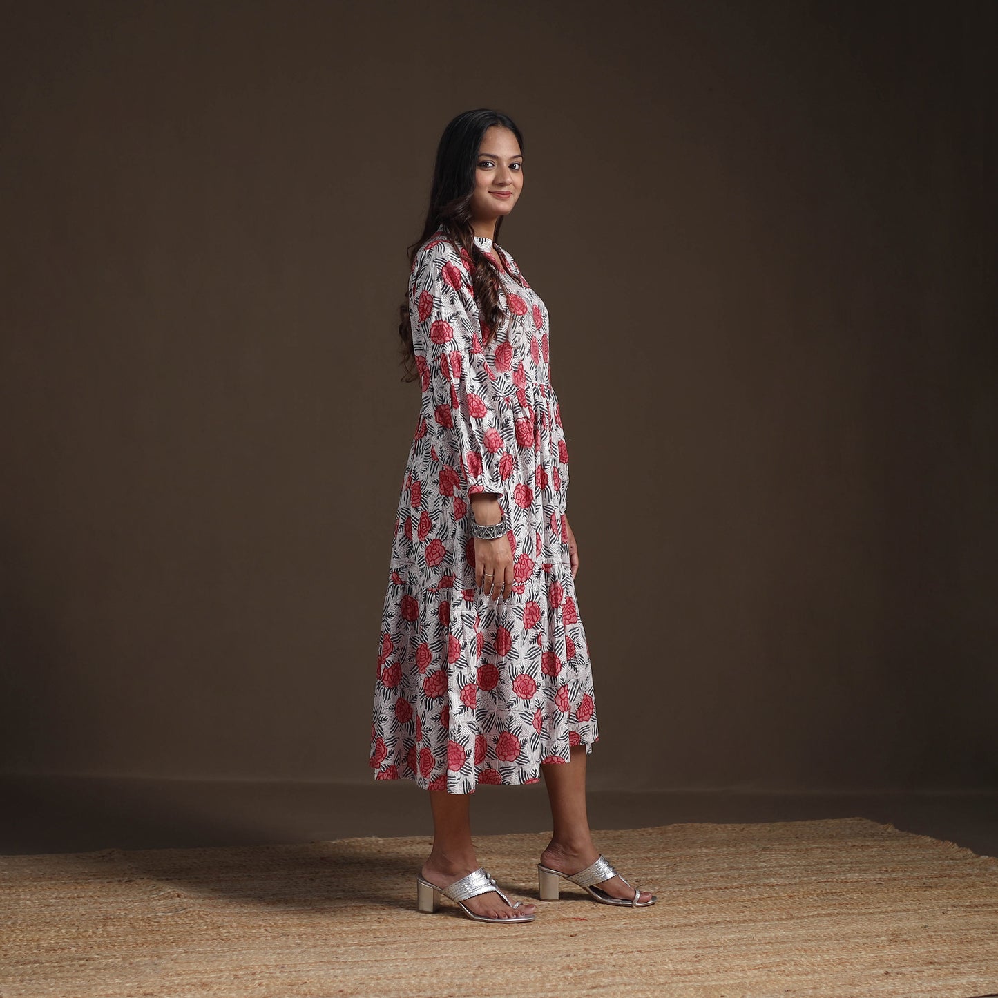 Sanganeri Floral Hand Block Print Cotton Tiered Long Dress for Women 02