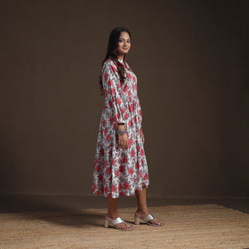 Sanganeri Floral Hand Block Print Cotton Tiered Long Dress for Women 02