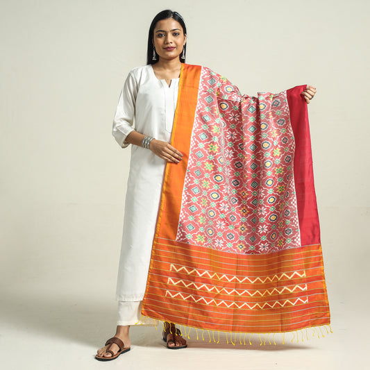 Multicolor - Handwoven Pochampally Ikat Pure Mulberry Silk Dupatta with Tassels