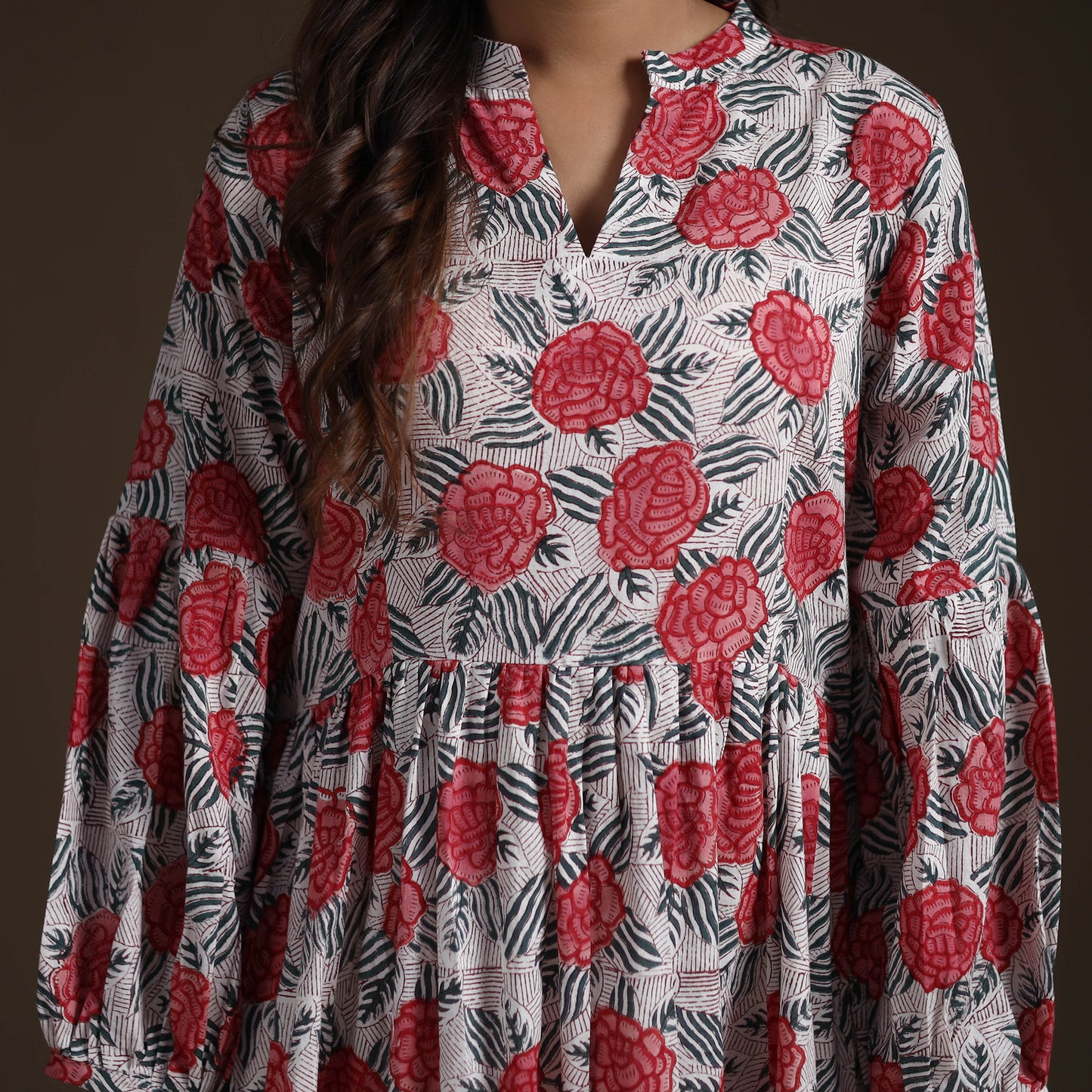 Sanganeri Floral Hand Block Print Cotton Tiered Long Dress for Women 02