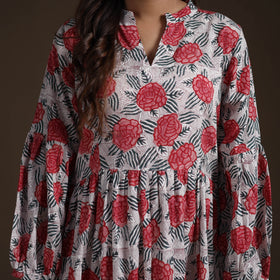 Sanganeri Floral Hand Block Print Cotton Tiered Long Dress for Women 02