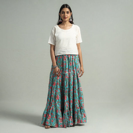 Green - Sanganeri Block Printed Tiered Cotton Long Skirt